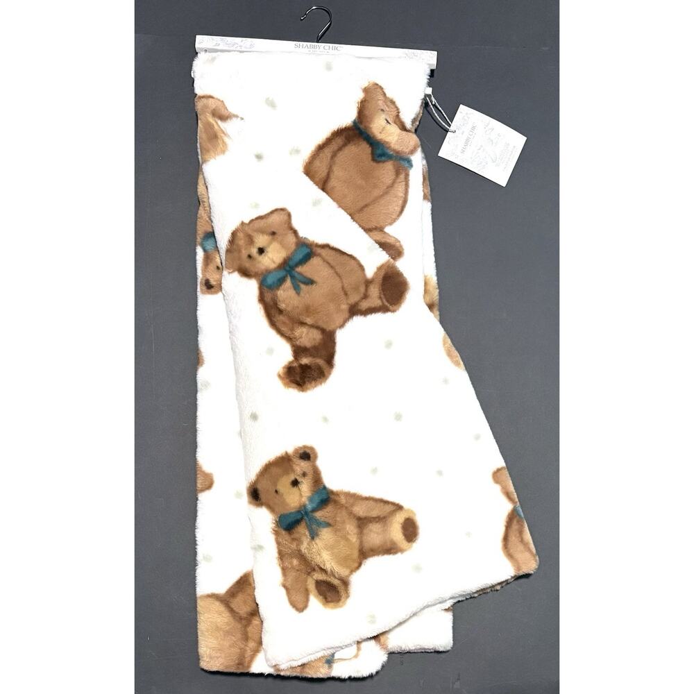 Shabby Chic Faux Fur Teddy Bear Throw Blanket NWT Teal White Brown 50X70”